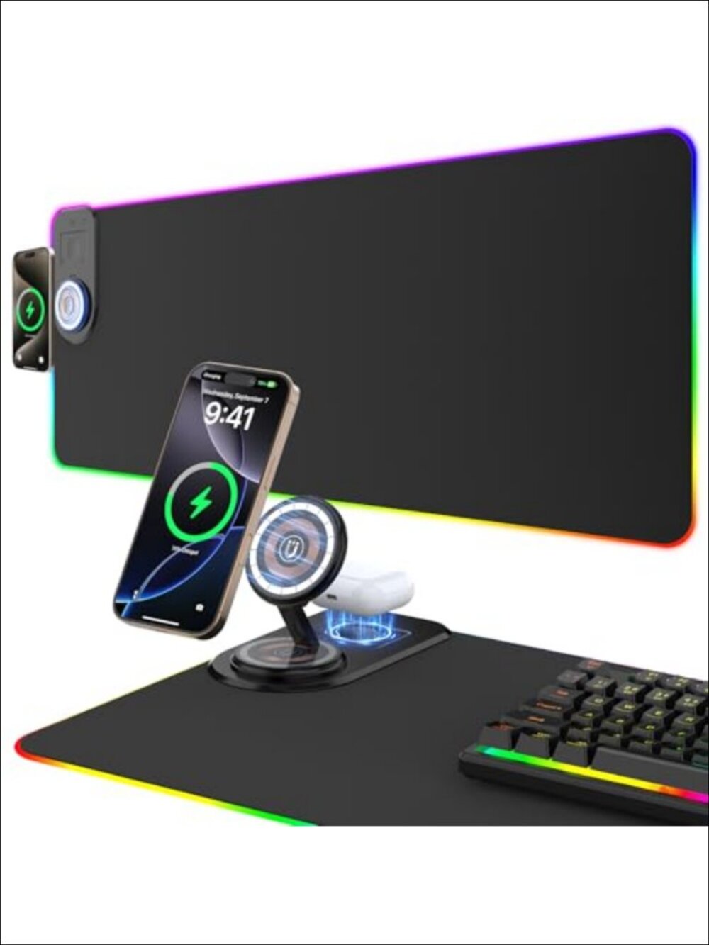 Gaming Mouse Pad Wireless Charging Desk Mat Magnetic Foldable Phone Stand